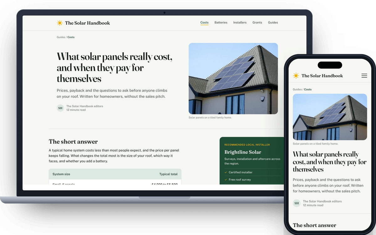 An example EntityLinks build, a guide site about home solar, shown on a laptop and a phone.